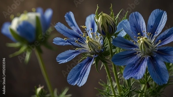 Fototapeta Vibrant blue Nigella flower with delicate petals and green tendrils against a muted background