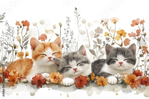 Obraz Three sleeping kittens surrounded by colorful flowers in a soft, artistic illustration.