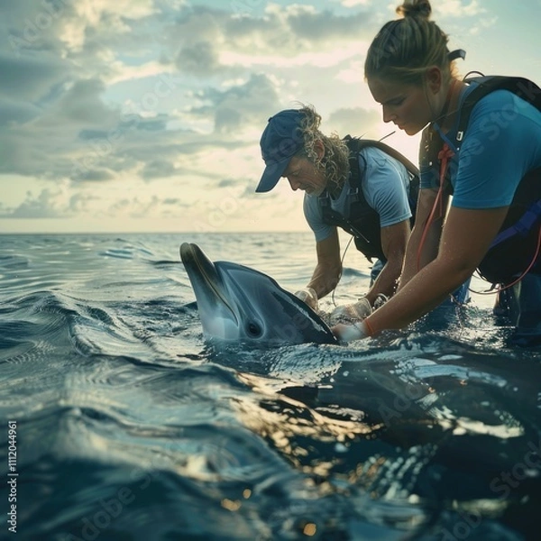 Fototapeta Team of biologists tagging a rescued dolphin to monitor its movement and health, calm ocean waters creating a tranquil background for marine conservation work