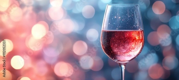 Fototapeta Red wine glass with on bokeh light sparkle background. Generative AI technology.