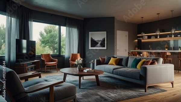 Fototapeta Open space living and dining room interior with flat tv, grey sofa and wooden table with trendy chairs