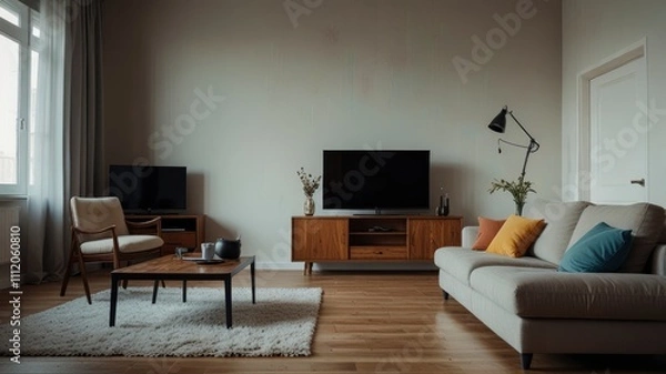 Fototapeta Shabby wooden table with chairs and vase located near comfortable couch against light walls with decorations and TV in modern apartment 