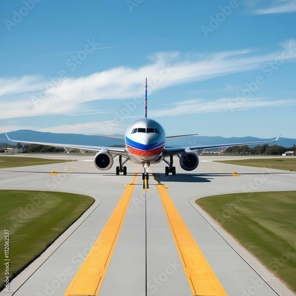 Fototapeta Airplane runway front view, day time, big size airplane, road for all types of plane.