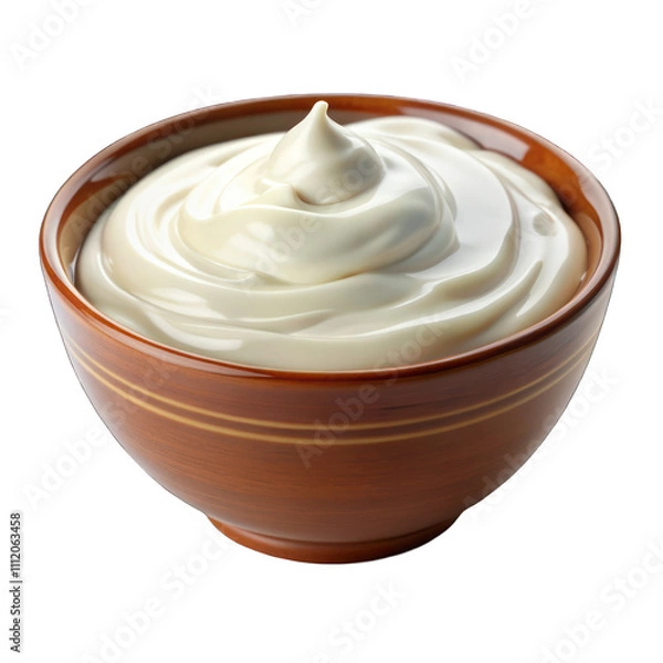 Fototapeta Sour cream or yogurt in wooden bowl isolated on transparent background