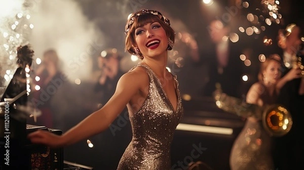 Fototapeta Dazzling flapper dresses and jazz at a Gatsby New Year party 