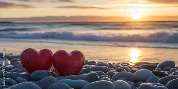 Obraz Red Hearts on Pebble Beach with Sunset Reflection