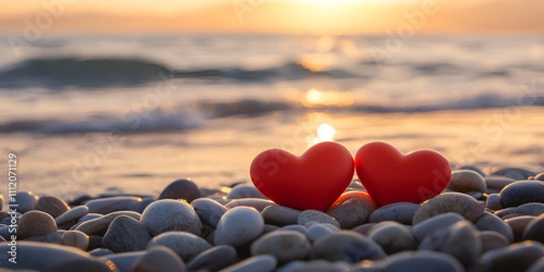 Obraz Red Hearts on Pebble Beach with Sunset Reflection