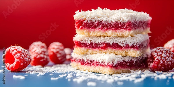 Obraz Raspberry Coconut Bars with Fresh Berries on Colorful Background