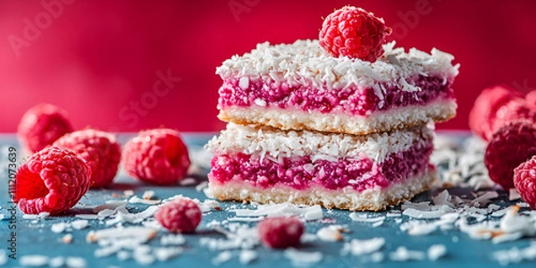 Obraz Raspberry Coconut Bars with Fresh Berries on Colorful Background