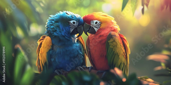 Obraz Colorful Parrots Perched on a Branch in Lush Forest