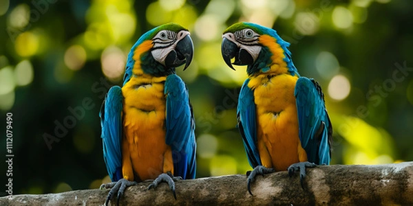 Obraz Colorful Parrots Perched on a Branch in Lush Forest