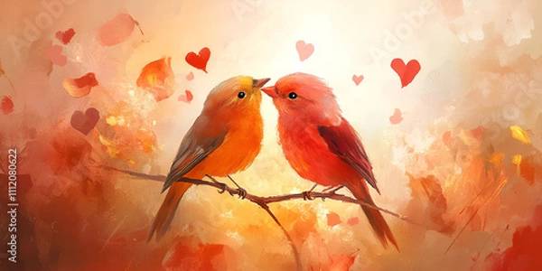 Obraz Two Lovebirds on a Branch with Red Hearts in Background