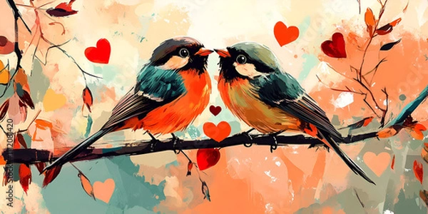 Obraz Two Lovebirds on a Branch with Red Hearts in Background