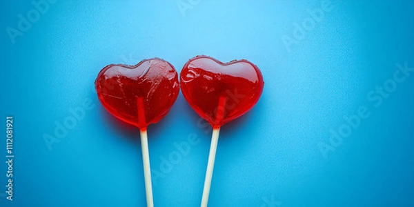 Obraz Red Heart-Shaped Lollipops Against Blue Background