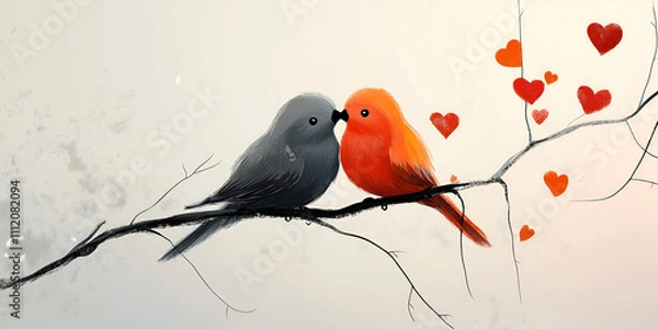 Obraz Two Lovebirds on a Branch with Red Hearts in Background