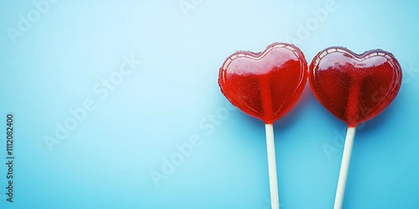 Obraz Red Heart-Shaped Lollipops Against Blue Background