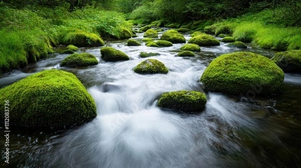 Fototapeta A peaceful mountain stream with moss-covered boulders, flowing gently through a green forest, soft sunlight illuminating the water, stream boulders mossy