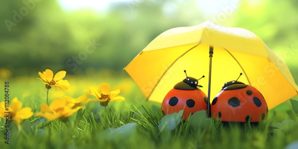 Obraz Two Ladybugs Sheltering Under Yellow Umbrella in Spring Meadow
