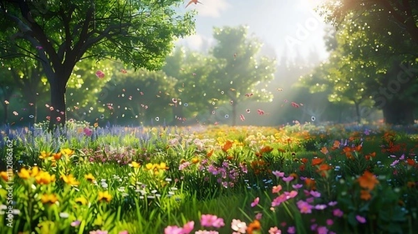 Fototapeta A vibrant spring meadow with colorful flowers blooming, surrounded by fresh green trees under a bright sky.