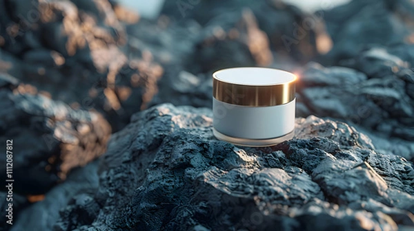 Fototapeta 3D Render of Cream Jar on Rocks, beauty product mock up 