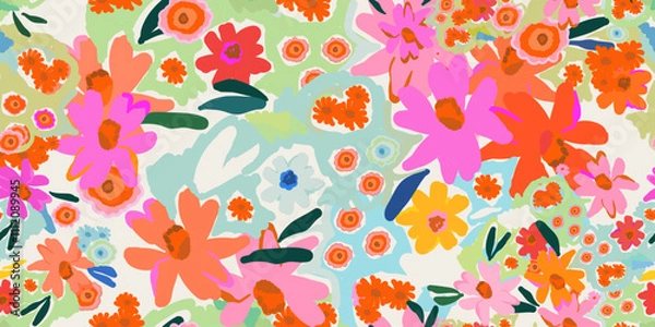 Obraz Vibrant hand drawn flowers pattern. Dynamic botanical print. Fashionable template for design. 