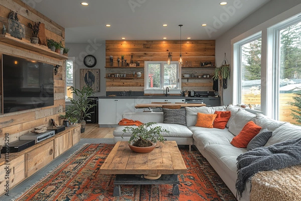 Obraz Rustic Living Room Design With Wooden Accents And Comfortable Seating