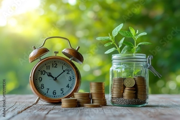 Obraz A clock and a jar of coins sit on a wooden table, concept of "time is money"