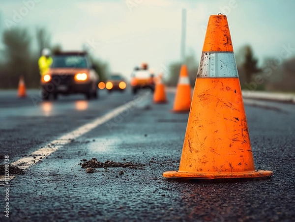 Fototapeta Road construction scene with orange traffic cones and vehicles in background, indicating ongoing work and safety measures