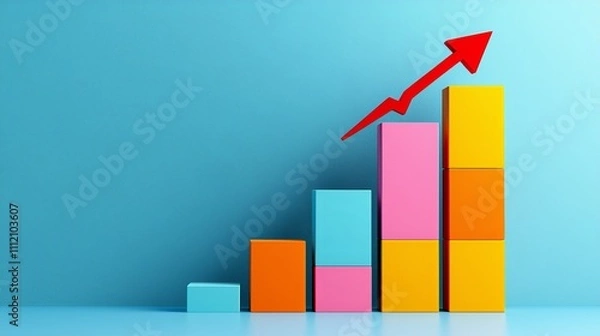 Fototapeta business scaling concept. Colorful bar graph with an upward arrow on a blue background.