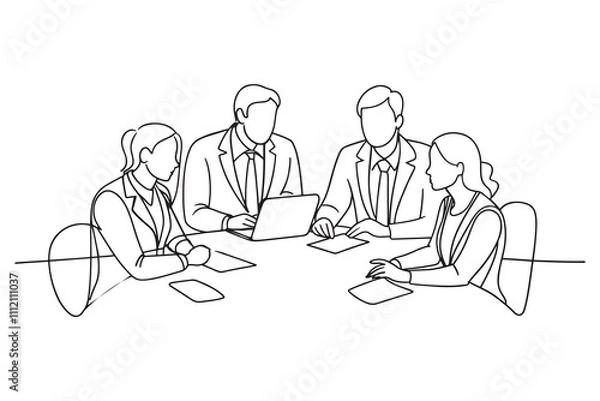 Fototapeta Group of business people in meeting working together with table Continuous line art flat vector illustration.
