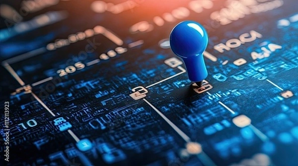 Fototapeta A vibrant blue push pin marks a point on a complex digital circuit board, symbolizing the connection and flow of data in a network. The image evokes a sense of technological intricacy and precision.