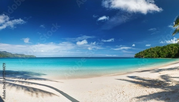 Obraz Beautiful tropical beach with palm trees, sunset beach seascape, design template for travel banner.
