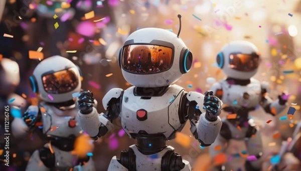 Obraz Cute Robots Having Fun Amidst Flying Confetti with Bokeh Background
