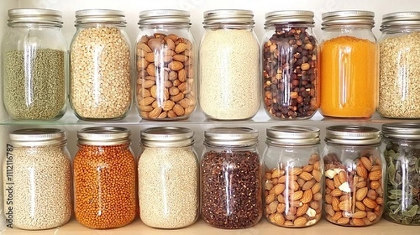 Fototapeta Close-up of a zero-waste pantry with grains, nuts, and spices stored in reusable glass jars, emphasizing sustainability