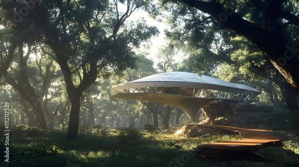 Obraz Innovative Lightweight Structure with Futuristic Design Inspired by Halo Aesthetics, Integrating Natural Elements in Texas Grasslands