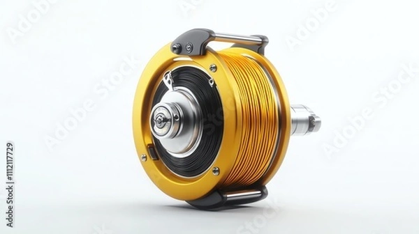 Fototapeta A golden fishing reel isolated on a white background.