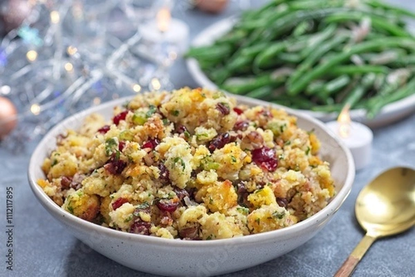 Obraz Traditional Cranberry pecan cornbread dressing for poultry or meat stuffing, in bowl, horizontal