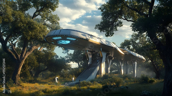 Fototapeta Innovative Lightweight Structure with Futuristic Design Inspired by Halo Aesthetics, Integrating Natural Elements in Texas Grasslands