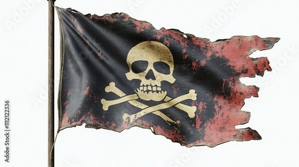 Fototapeta A tattered and weathered pirate flag, flown on a wooden pole.