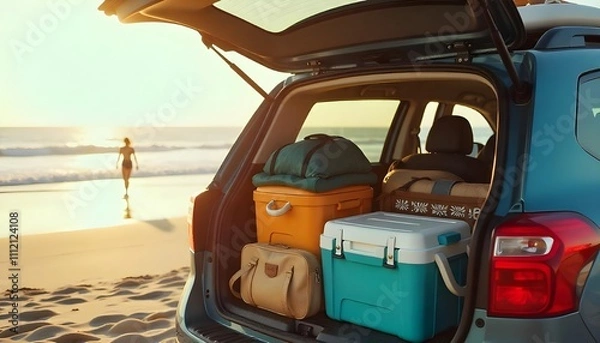 Obraz A car packed with gear, ready for a seaside getaway, filled with surfboards, coolers, and beach essentials for a summer adventure