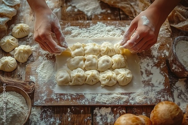 Obraz Close-up of hands carefully arranging freshly made dumplings on a floured wooden board, surrounded by other kitchen essentials.