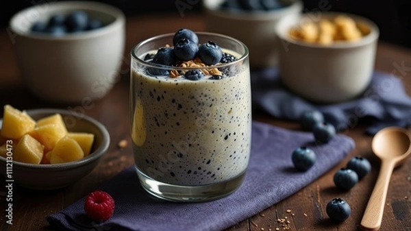 Fototapeta Healthy breakfast or morning with chia seeds vanilla pudding and blueberry berries 