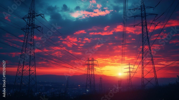 Fototapeta High-voltage power lines stretching across a vibrant cityscape at sunset, symbolizing energy distribution and urban infrastructure