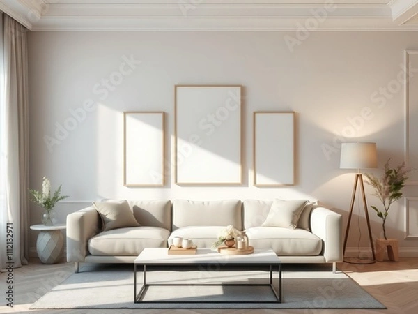 Fototapeta A mockup of minimalist wall art in a gallery-style living room setting, modern, minimalist