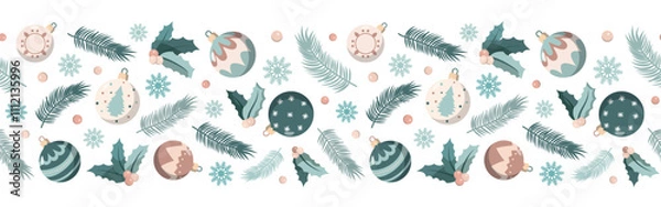 Obraz Christmas holiday baubles and fir branches horizontal border pattern. Vector illustration for Christmas and New Year. Isolated on white background
