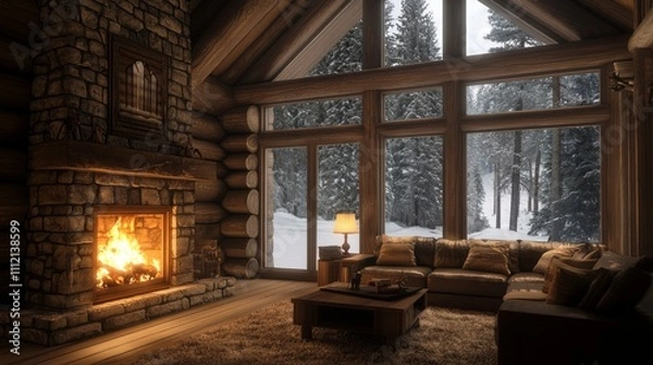 Fototapeta Cozy Winter Cabin Retreat with Fire, Snow View, and Comfortable Seating | Ultra-Detailed Photorealistic Image for Relaxation and Warmth