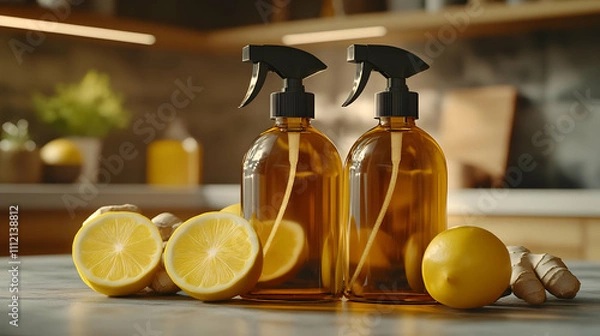 Fototapeta Amber Spray Bottles with Lemons and Ginger - 3D Illustration