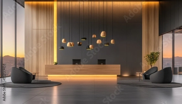 Fototapeta Modern reception area featuring elegant design and ambient lighting.