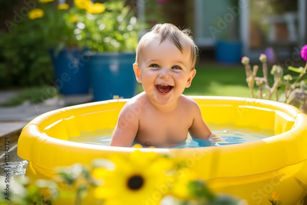 Fototapeta Funny laughing baby bathing in an inflatable pool in the garden of his house enjoying the summer