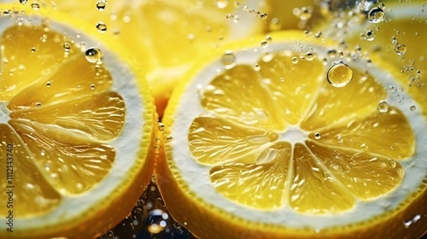 Fototapeta Lemon slices surrounded by sparkling water bubbles and reflections